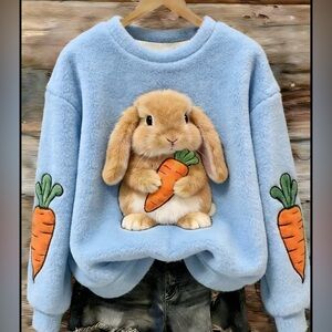 Blue Plush Bunny Carrot Sweatshirt - Cute Women's Sweater